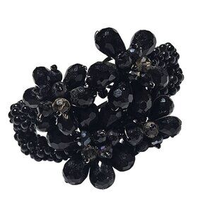 Elegant Black Crystal Beaded Floral Cuff Bracelet Handmade Adjustable Jewelry